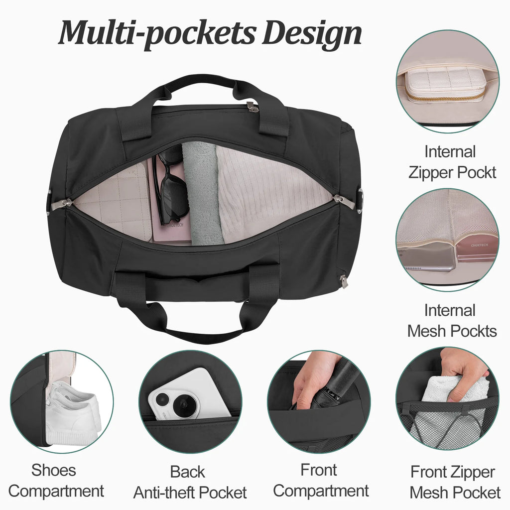 Small Gym Bag for Women/Men, Duffle Bag for Travel with Shoes Compartment, Lightweight Carry on Weekender Duffel Bag, Water Resistant, Black