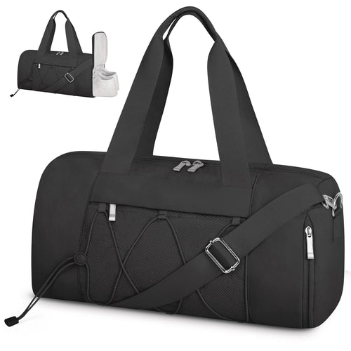 Small Gym Bag for Women/Men, Duffle Bag for Travel with Shoes Compartment, Lightweight Carry on Weekender Duffel Bag, Water Resistant, Black
