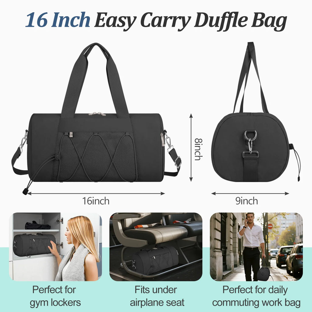 Small Gym Bag for Women/Men, Duffle Bag for Travel with Shoes Compartment, Lightweight Carry on Weekender Duffel Bag, Water Resistant, Black