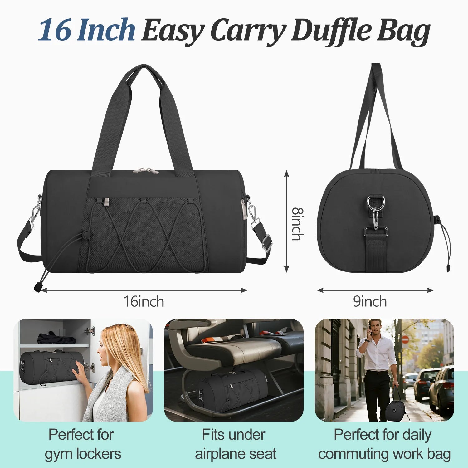 Small Gym Bag for Women/Men, Duffle Bag for Travel with Shoes Compartment, Lightweight Carry on Weekender Duffel Bag, Water Resistant, Black