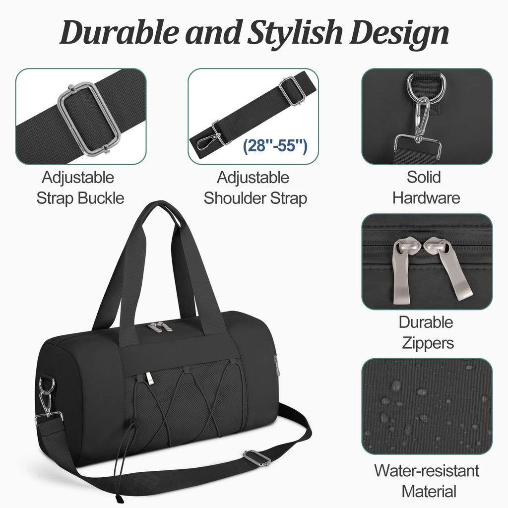 Small Gym Bag for Women/Men, Duffle Bag for Travel with Shoes Compartment, Lightweight Carry on Weekender Duffel Bag, Water Resistant, Black