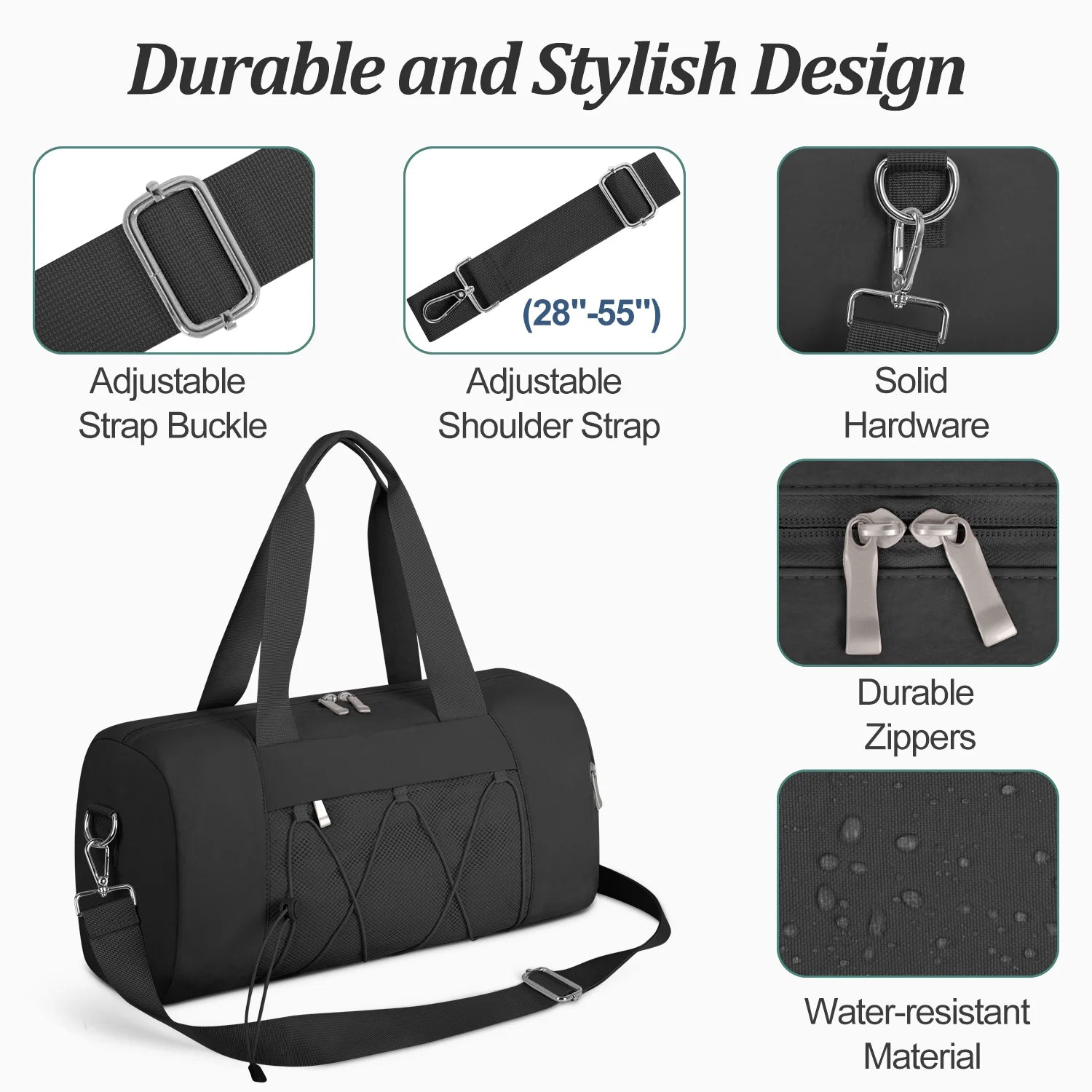 Small Gym Bag for Women/Men, Duffle Bag for Travel with Shoes Compartment, Lightweight Carry on Weekender Duffel Bag, Water Resistant, Black